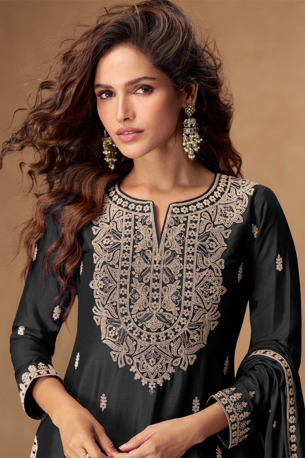 Embroidered Chinon Palazzo Suit Set with Dupatta