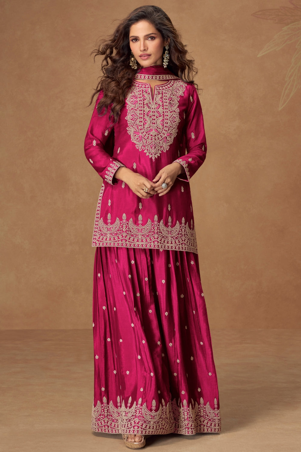 Embroidered Chinon Palazzo Suit Set with Dupatta