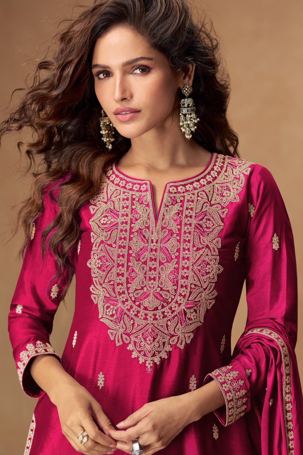 Embroidered Chinon Palazzo Suit Set with Dupatta