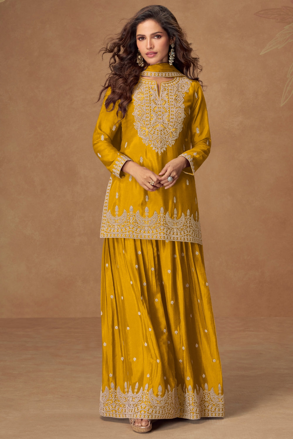 Embroidered Chinon Palazzo Suit Set with Dupatta