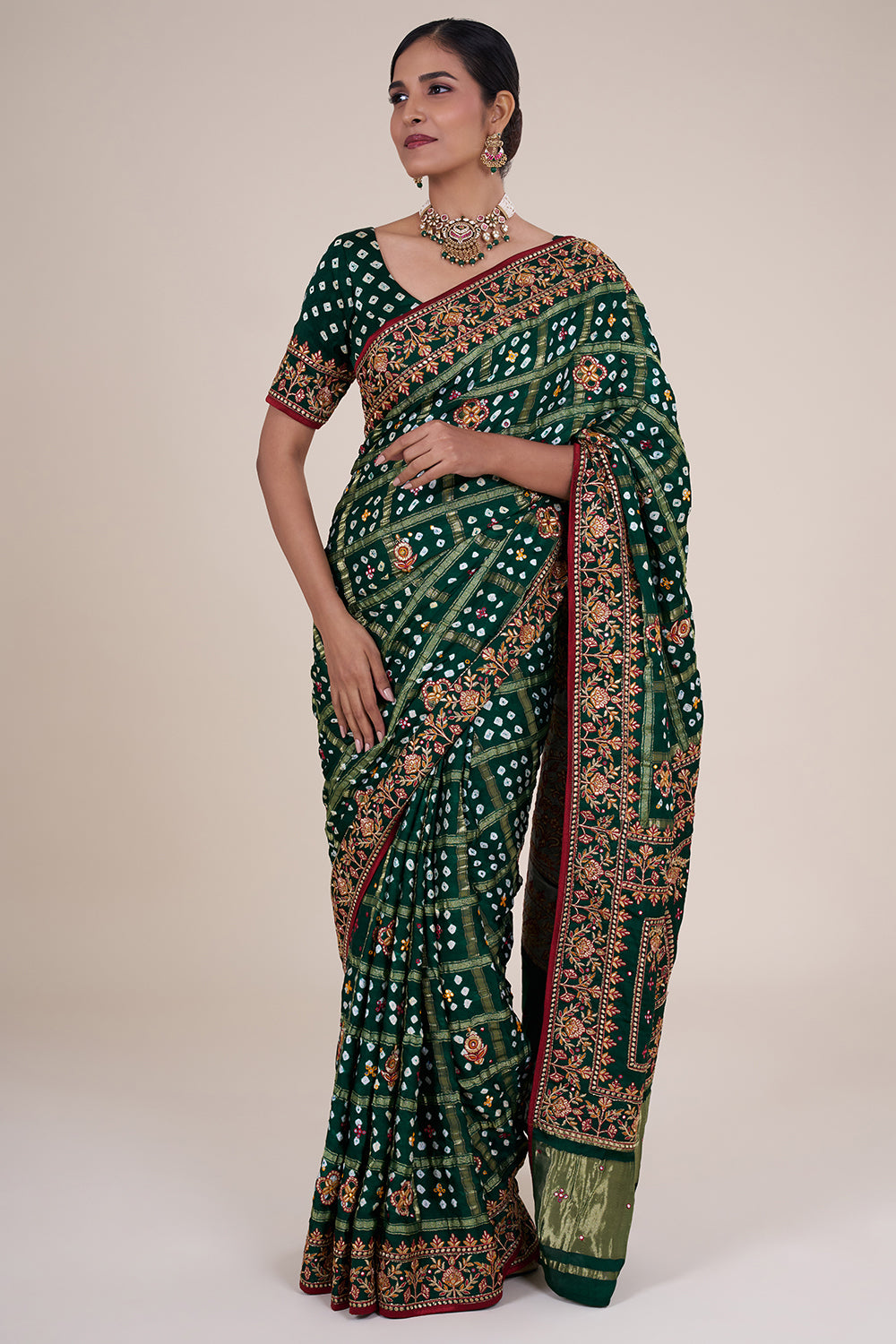 Emerald Green Bandhej Gharchola Gaji Silk Saree
