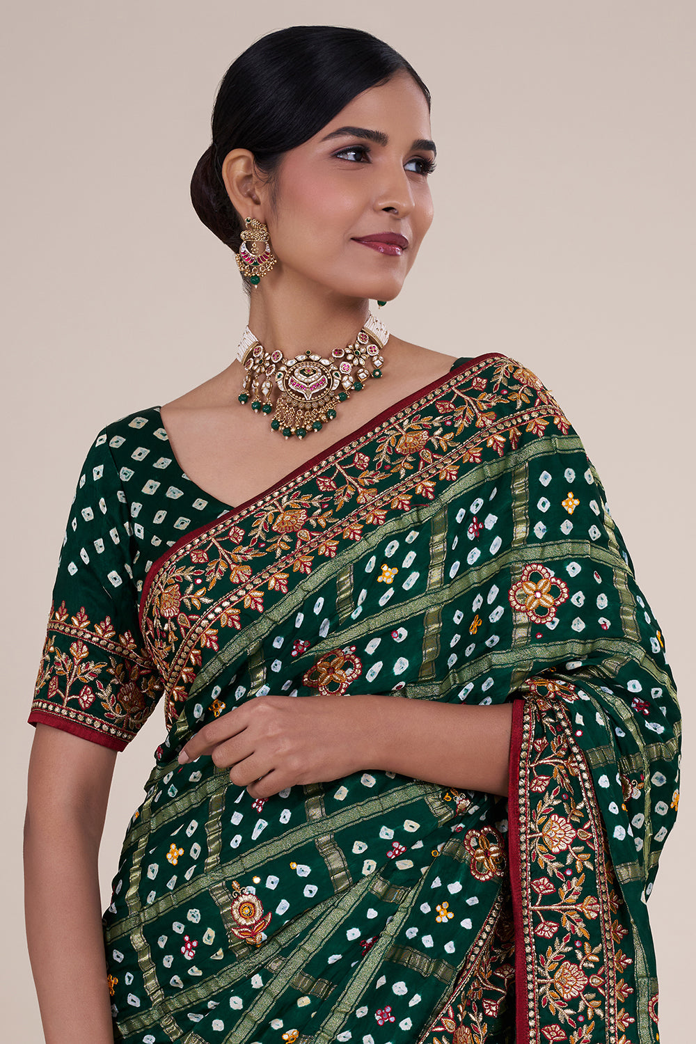 Emerald Green Bandhej Gharchola Gaji Silk Saree