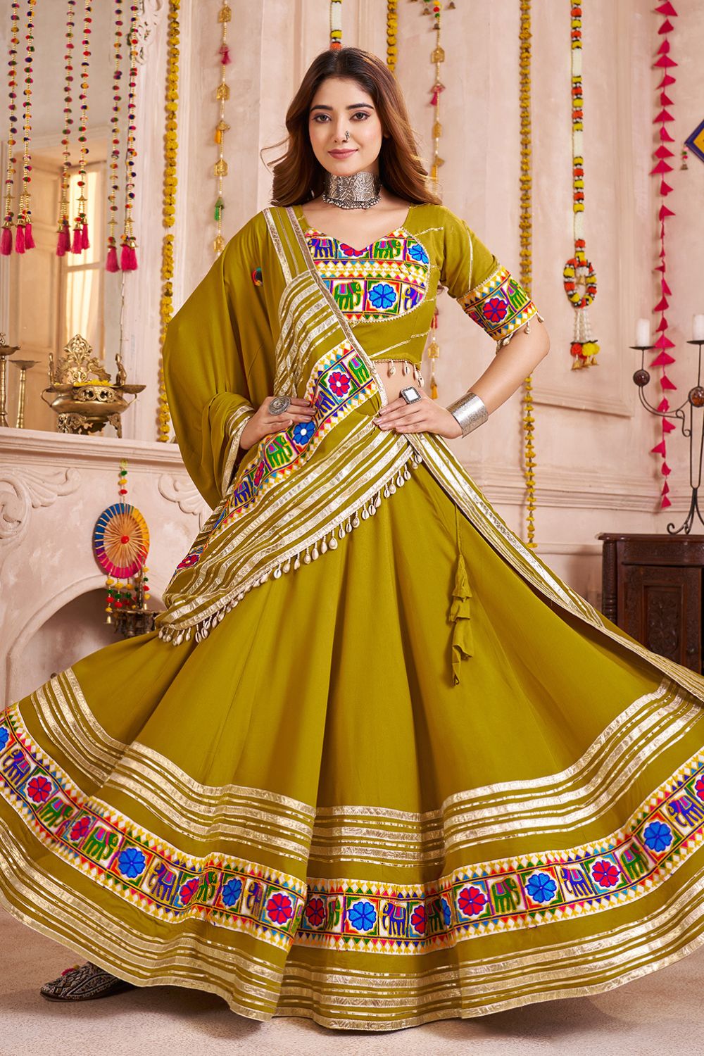 GREEN VISCOSE COTTON NAVRATRI LEHENGA CHOLI WITH THREAD AND MIRROR WORK