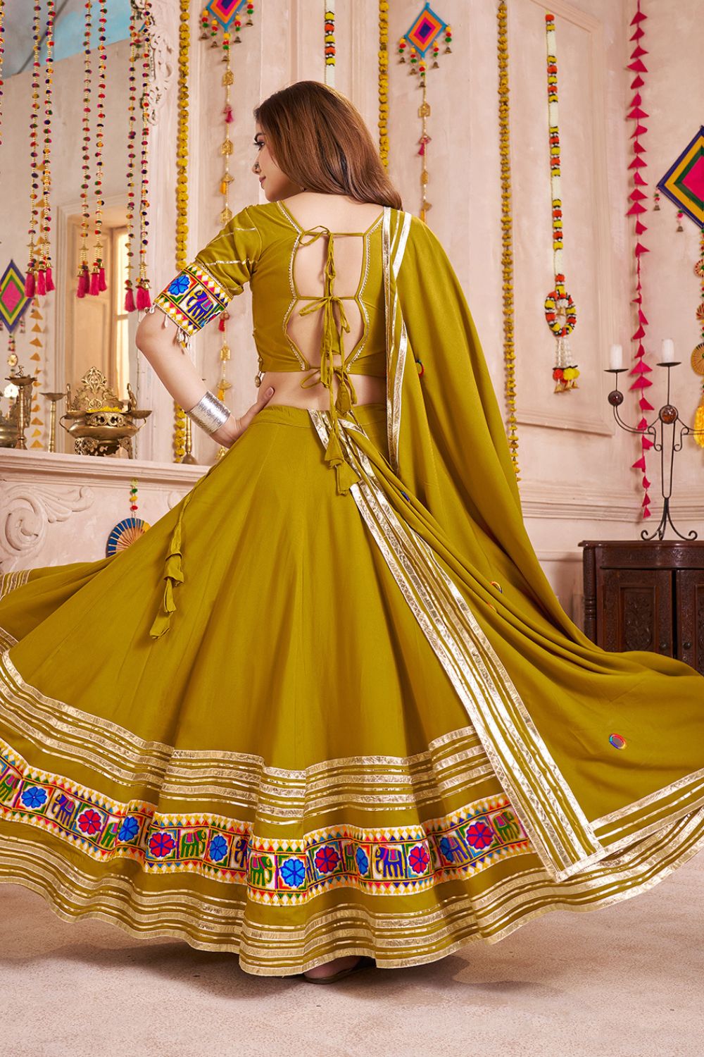 GREEN VISCOSE COTTON NAVRATRI LEHENGA CHOLI WITH THREAD AND MIRROR WORK
