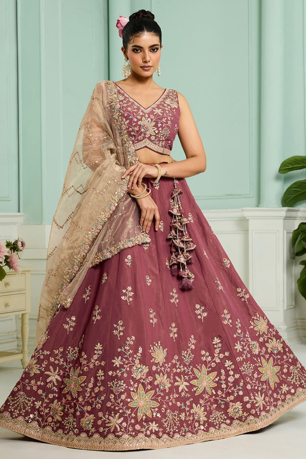 GEORGETTE LEHENGA CHOLI WITH MOTI AND SEQUINS