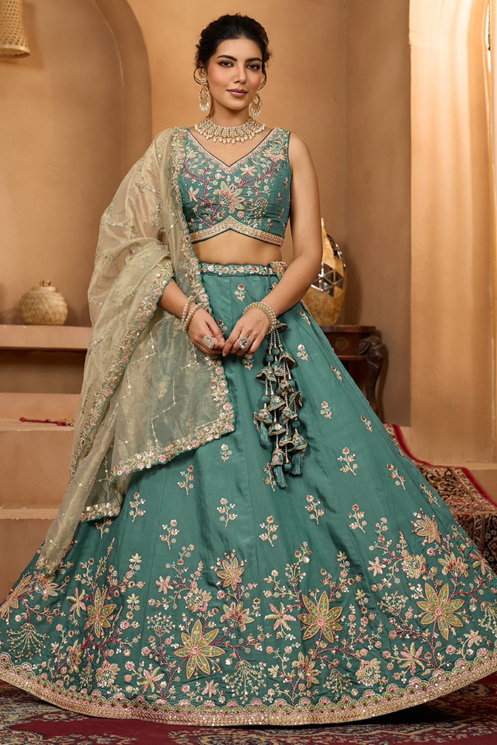 GEORGETTE LEHENGA CHOLI WITH MOTI AND SEQUINS