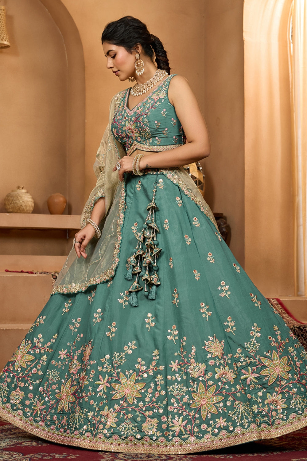 GEORGETTE LEHENGA CHOLI WITH MOTI AND SEQUINS