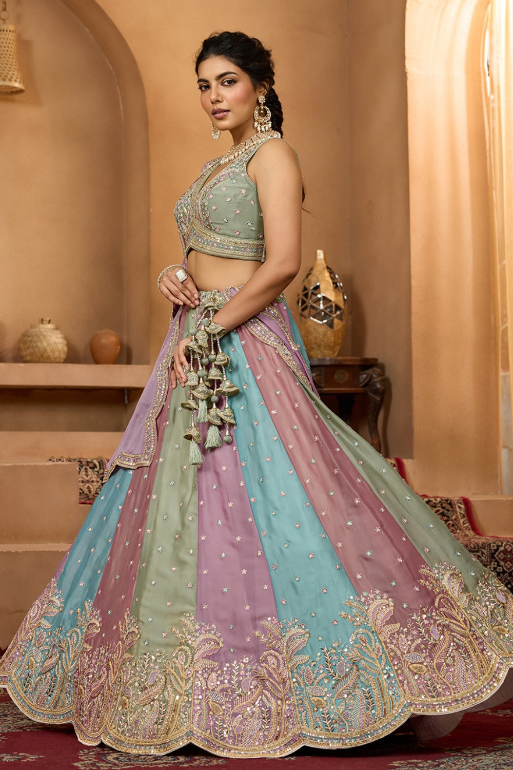 MULTI GEORGETTE LEHENGA CHOLI WITH RESHAM EMBROIDERY AND SEQUINS