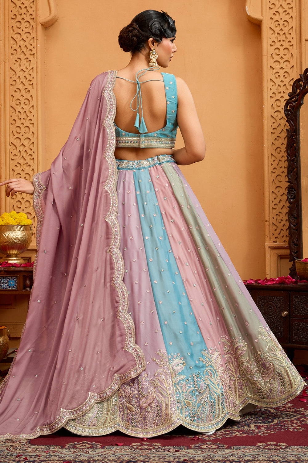 MULTI GEORGETTE LEHENGA CHOLI WITH RESHAM EMBROIDERY AND SEQUINS