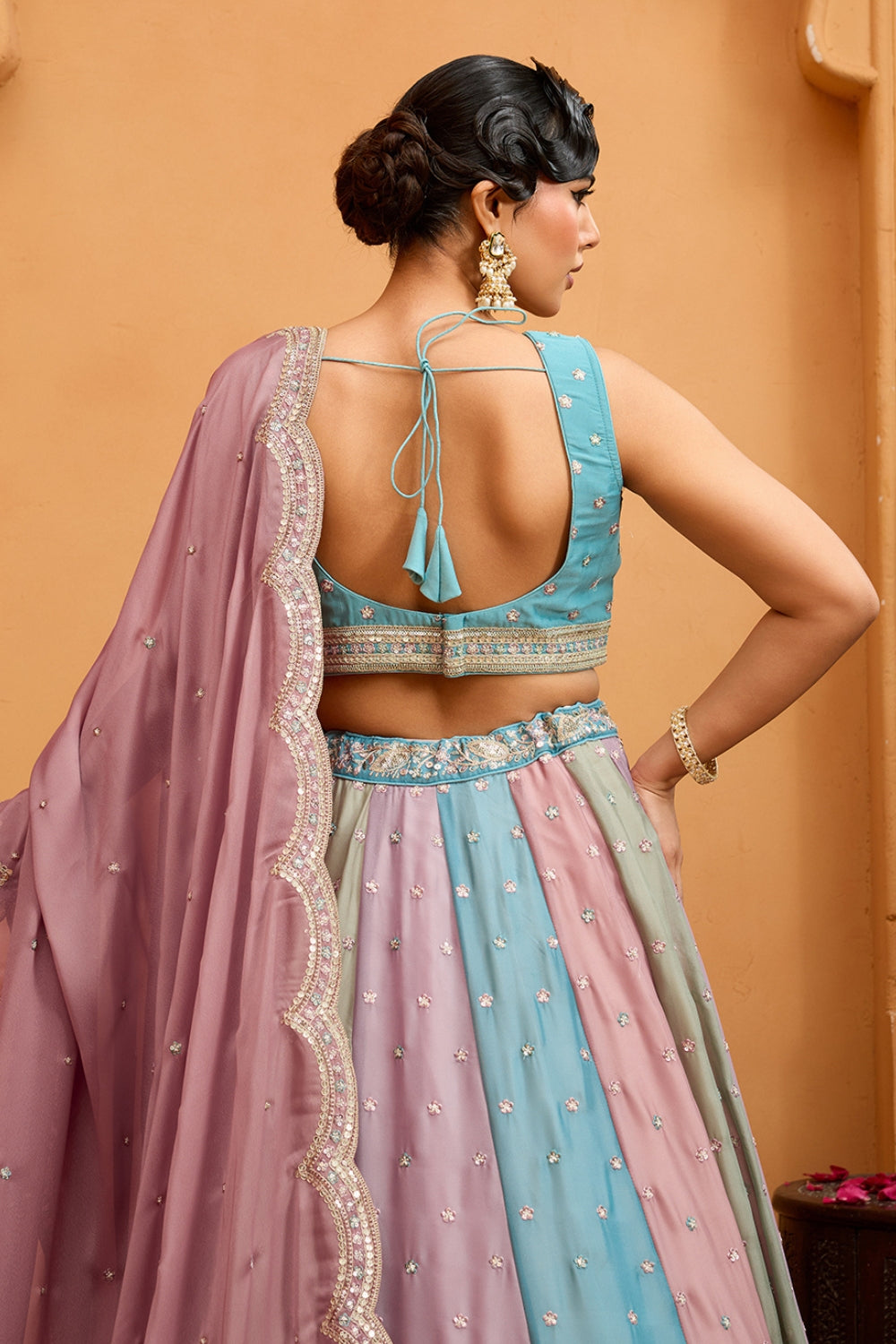 MULTI GEORGETTE LEHENGA CHOLI WITH RESHAM EMBROIDERY AND SEQUINS