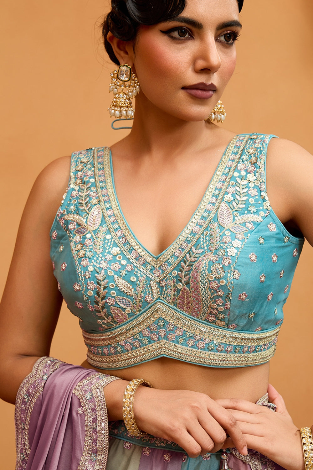 MULTI GEORGETTE LEHENGA CHOLI WITH RESHAM EMBROIDERY AND SEQUINS