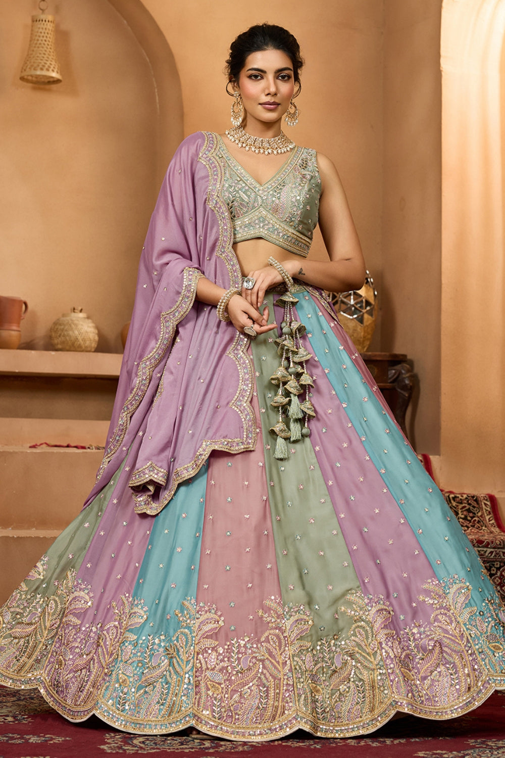 MULTI GEORGETTE LEHENGA CHOLI WITH RESHAM EMBROIDERY AND SEQUINS