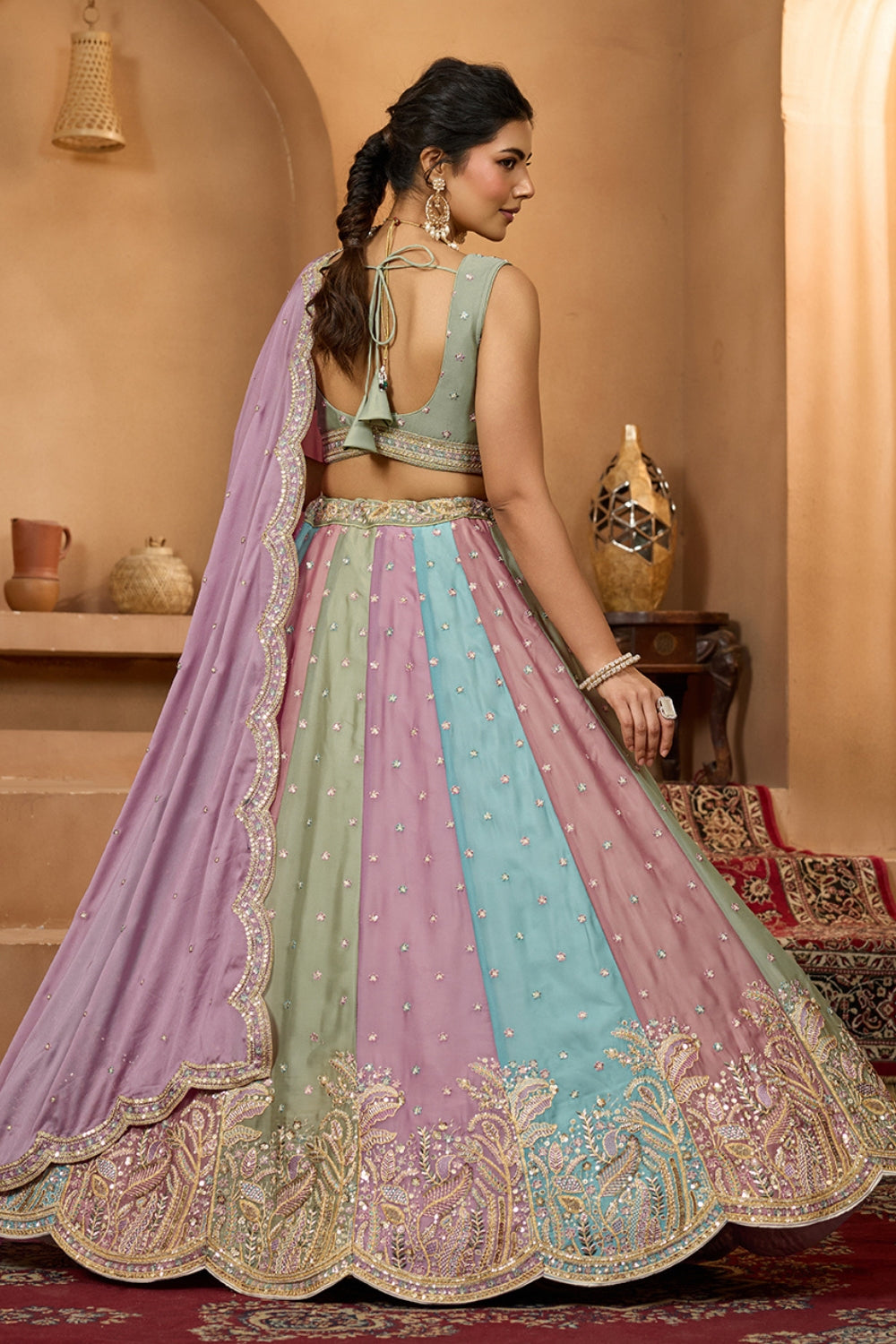MULTI GEORGETTE LEHENGA CHOLI WITH RESHAM EMBROIDERY AND SEQUINS