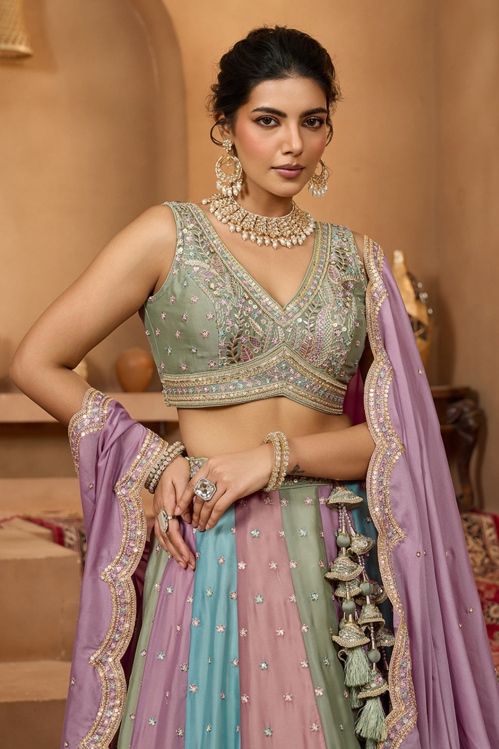 MULTI GEORGETTE LEHENGA CHOLI WITH RESHAM EMBROIDERY AND SEQUINS