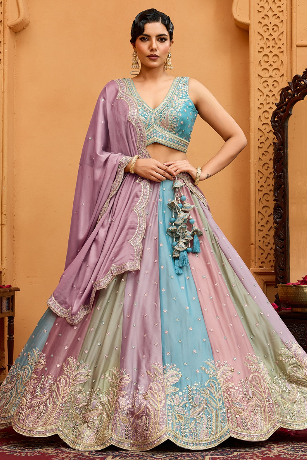 MULTI GEORGETTE LEHENGA CHOLI WITH RESHAM EMBROIDERY AND SEQUINS