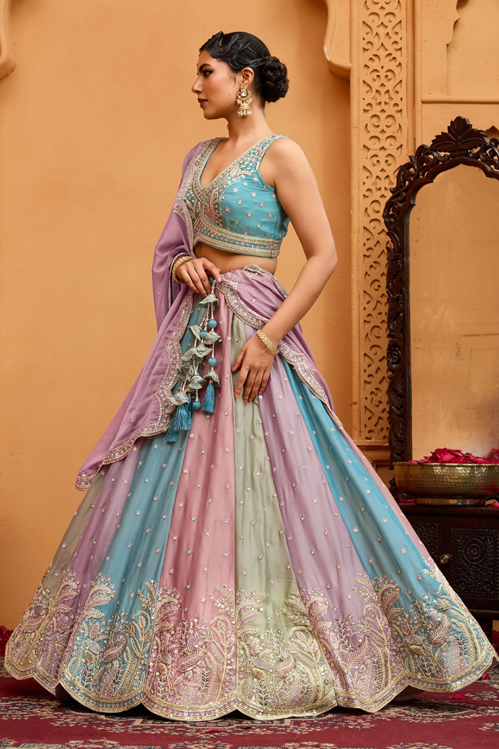 MULTI GEORGETTE LEHENGA CHOLI WITH RESHAM EMBROIDERY AND SEQUINS
