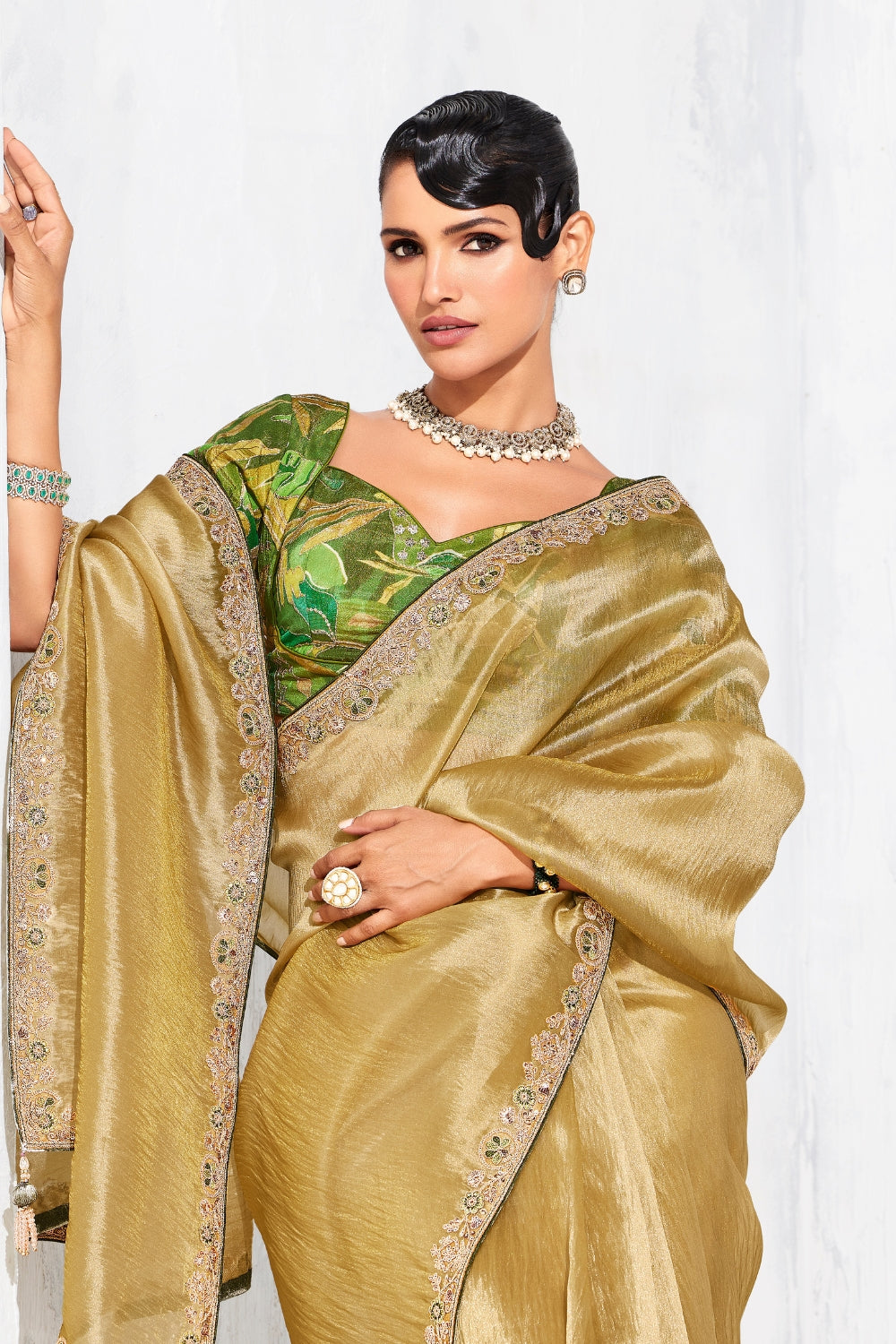 GOLDEN SAREE WITH SEQUINS AND EMBROIDERY