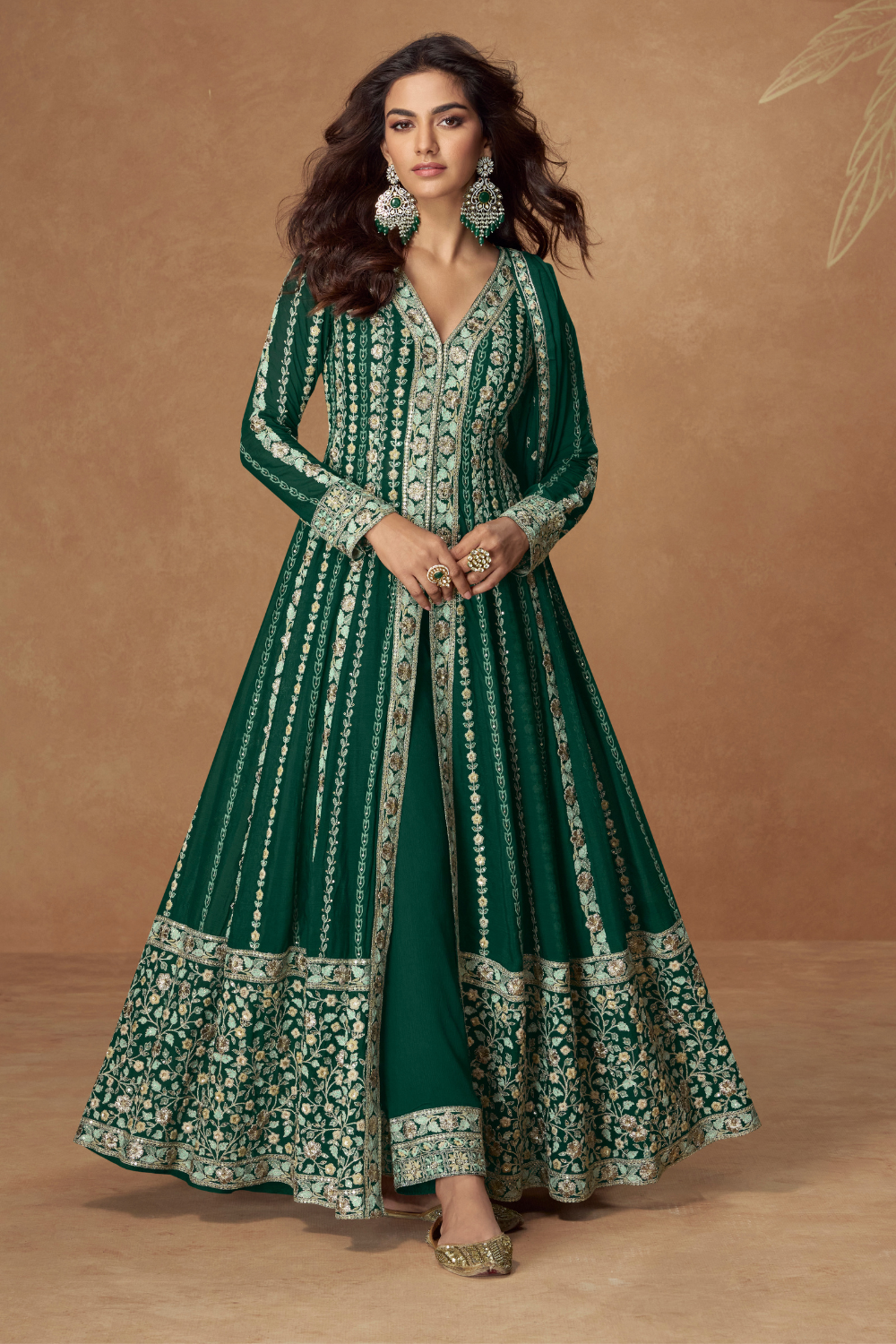 GREEN CHINON SILK FRONT SLIT CUT EMBROIDERY SUIT