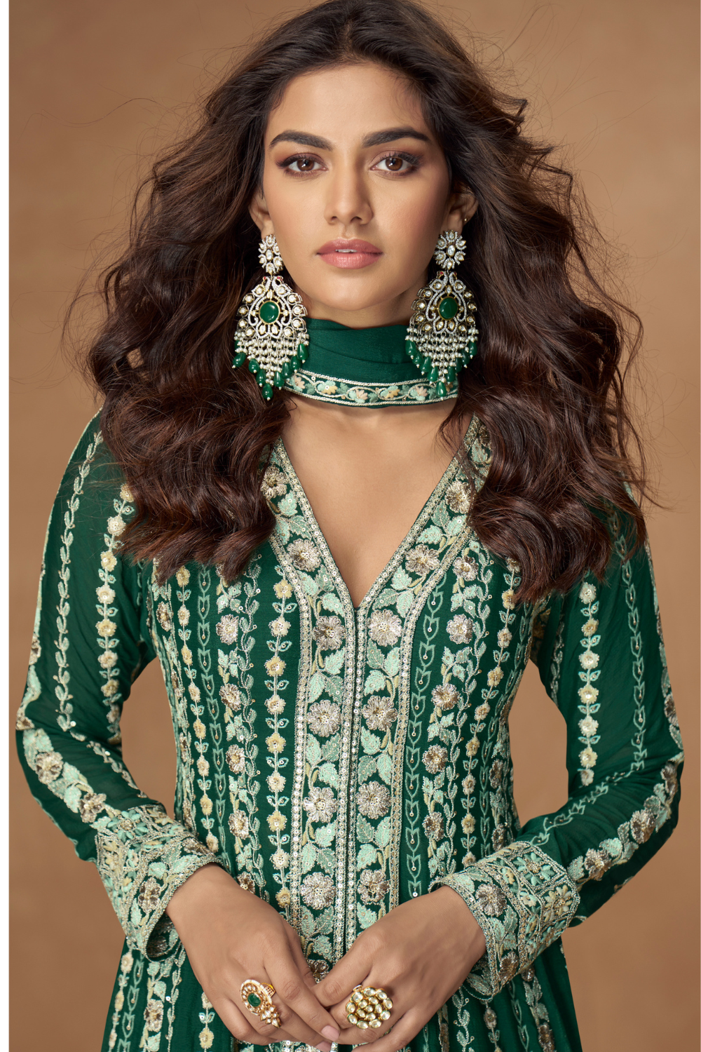 GREEN CHINON SILK FRONT SLIT CUT EMBROIDERY SUIT