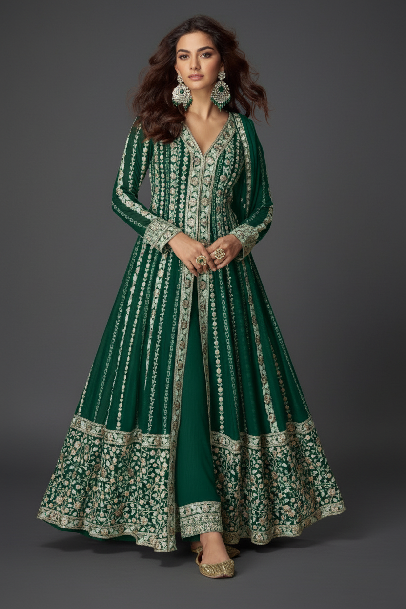 GREEN CHINON SILK FRONT SLIT CUT EMBROIDERY SUIT