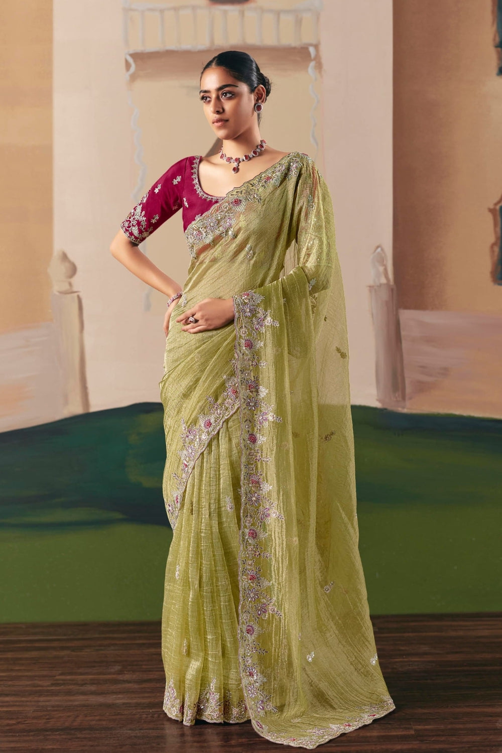 GREEN CRUSH TISSUE SAREE WITH RESHAM EMBROIDERY