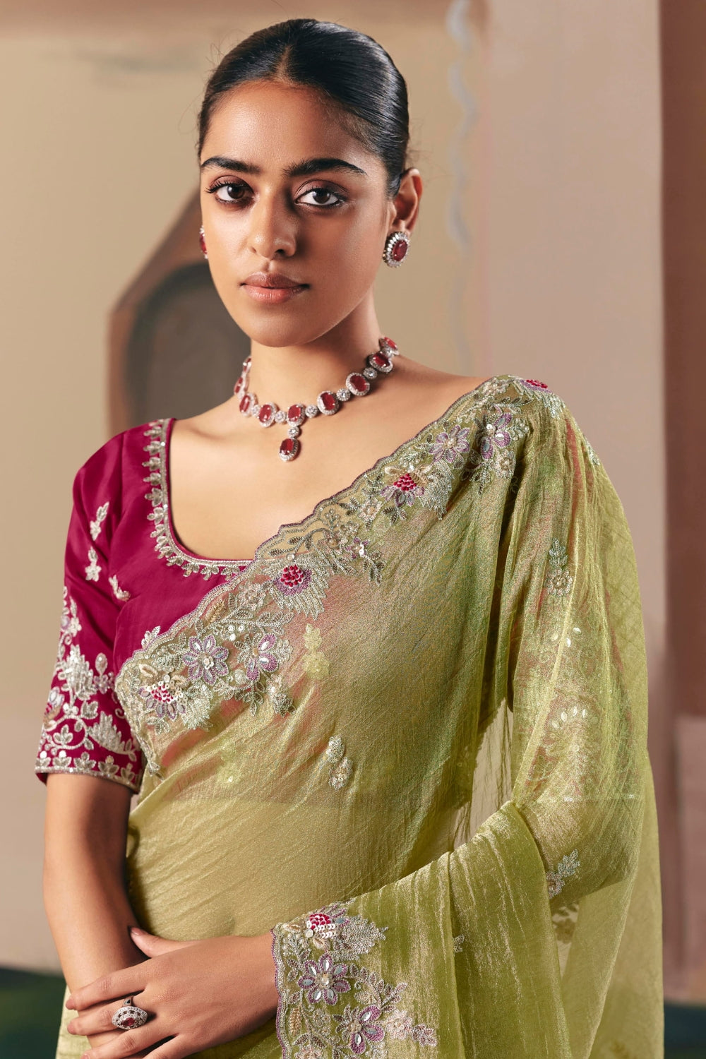GREEN CRUSH TISSUE SAREE WITH RESHAM EMBROIDERY