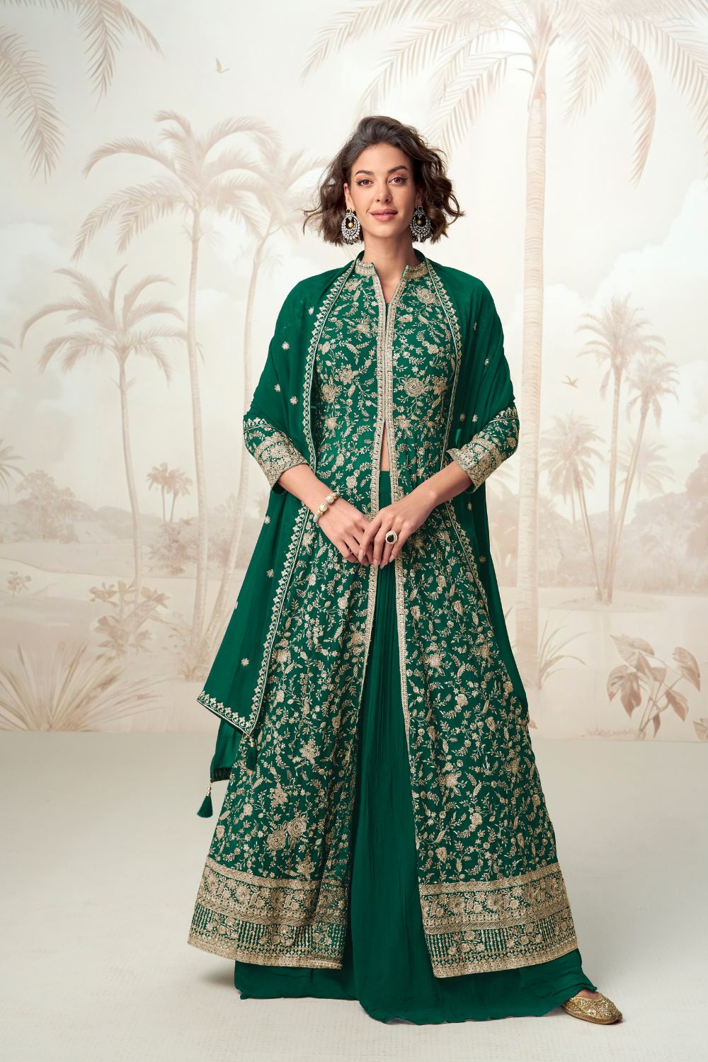 GREEN GEORGETTE INDO-WESTERN WITH EMBROIDERY AND SEQUINS WORK