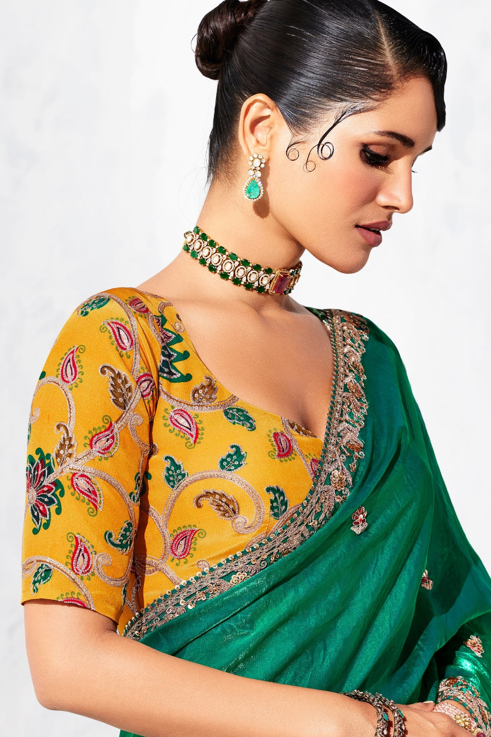 GREEN SAREE WITH SEQUINS AND EMBROIDERY