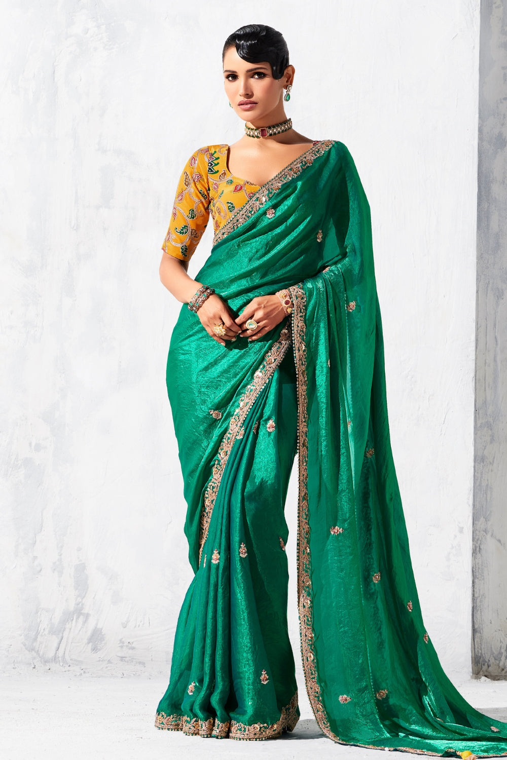GREEN SAREE WITH SEQUINS AND EMBROIDERY