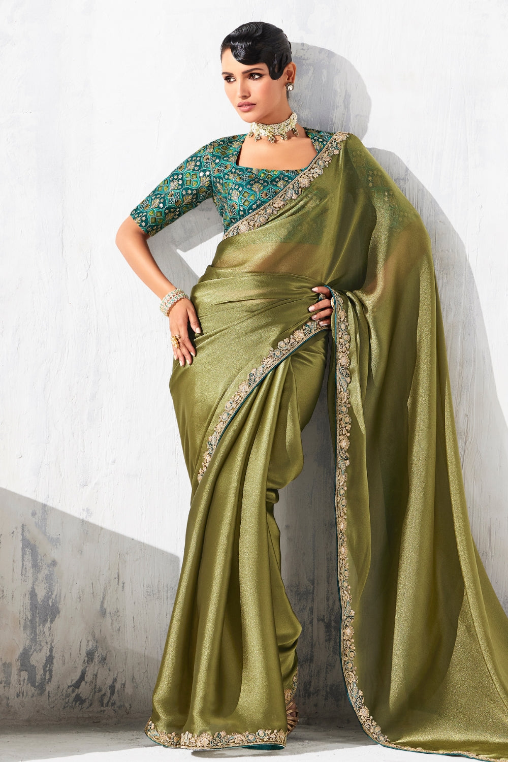 GREEN SAREE WITH SEQUINS AND EMBROIDERY