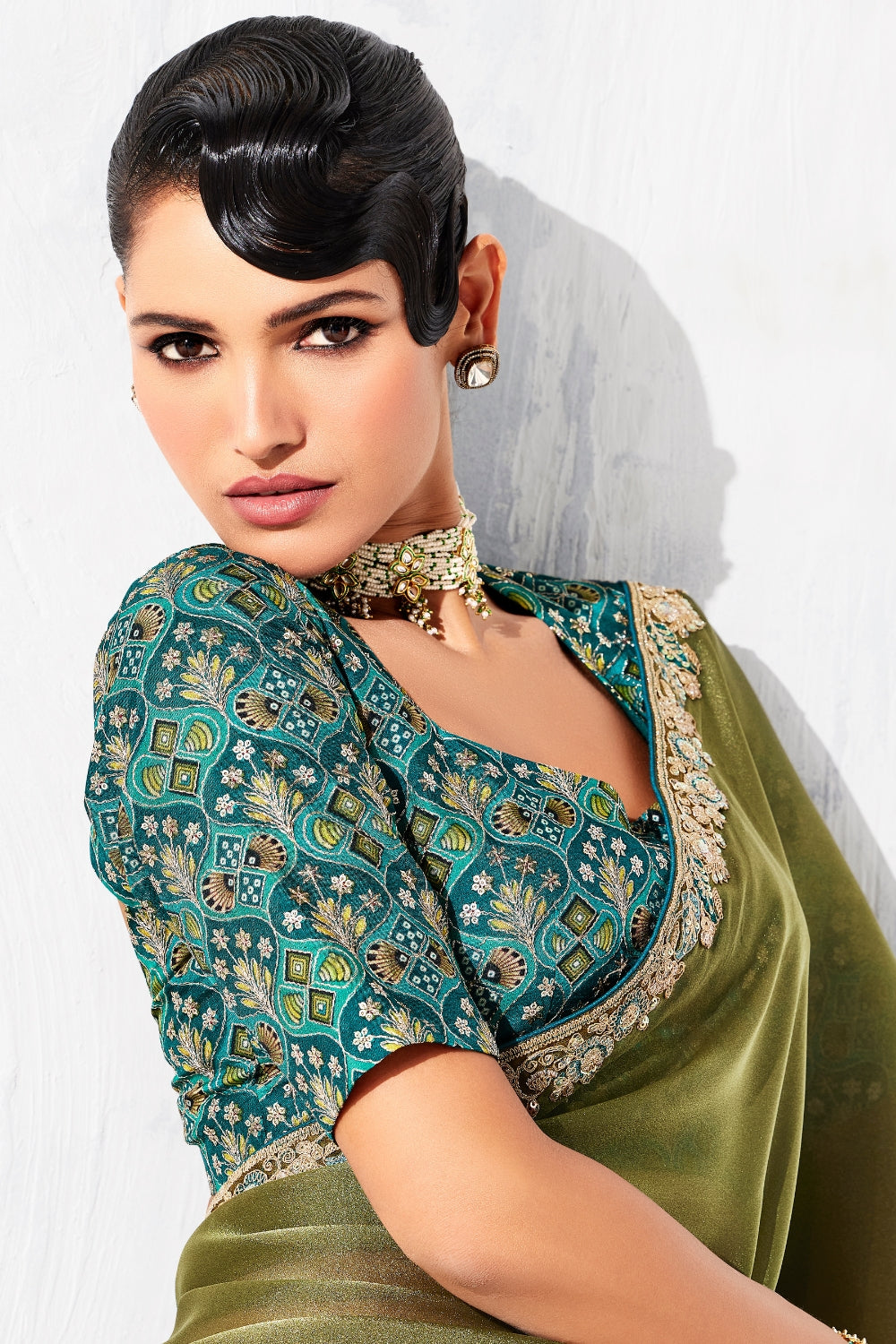 GREEN SAREE WITH SEQUINS AND EMBROIDERY