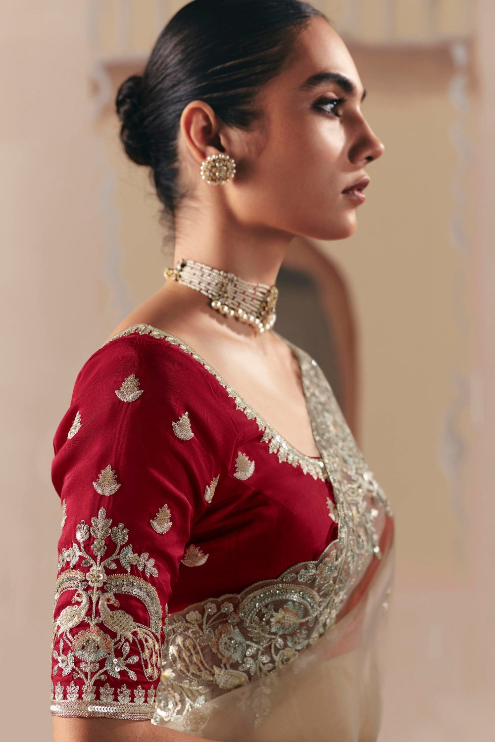 GREY ORGANZA SAREE WITH SEQUINS AND STONE WORK