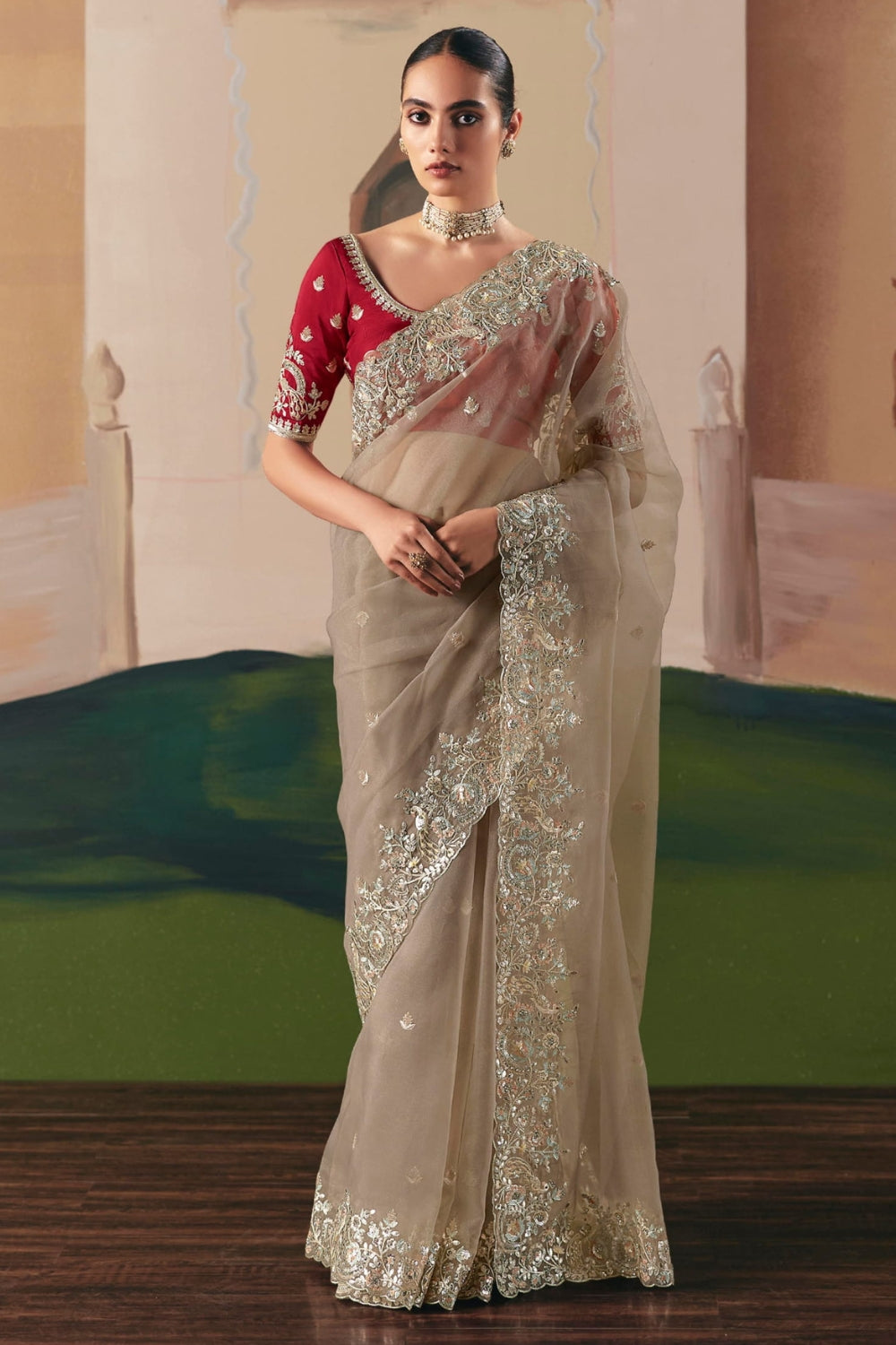 GREY ORGANZA SAREE WITH SEQUINS AND STONE WORK
