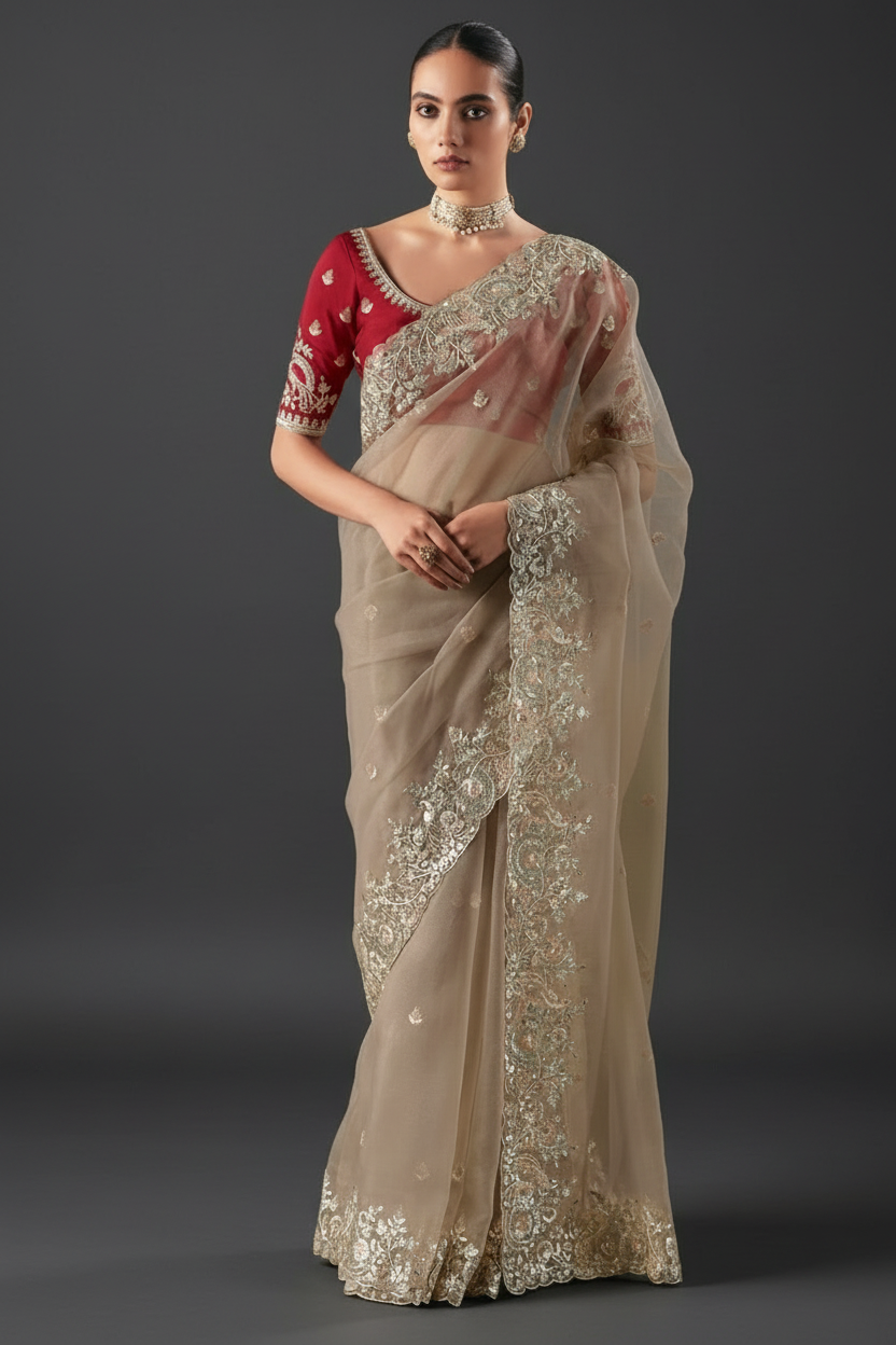 GREY ORGANZA SAREE WITH SEQUINS AND STONE WORK