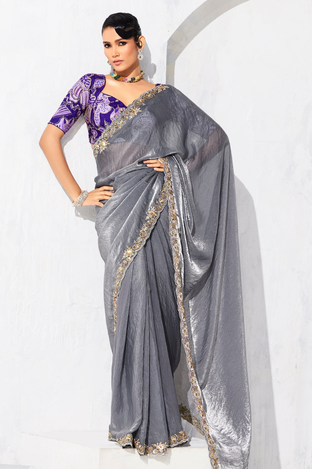GREY SAREE WITH SEQUINS AND EMBROIDERY