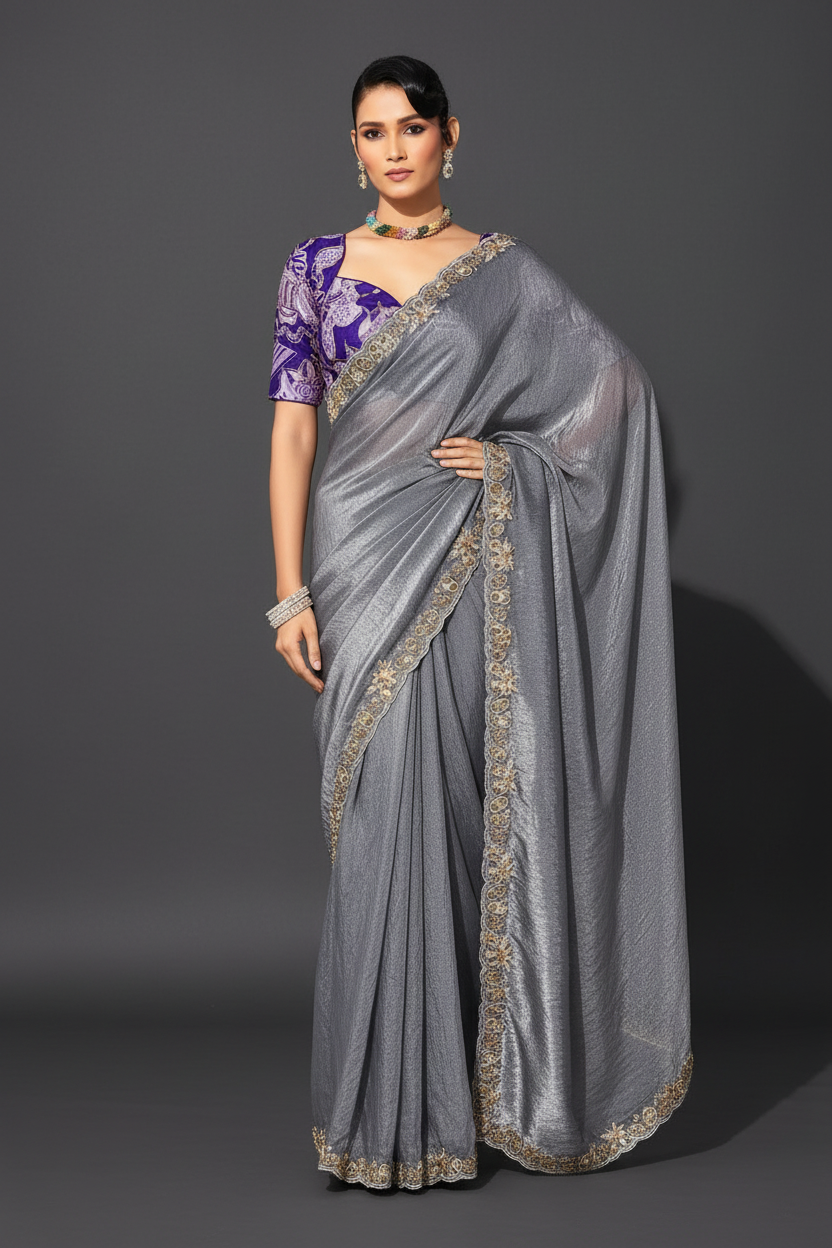 GREY SAREE WITH SEQUINS AND EMBROIDERY