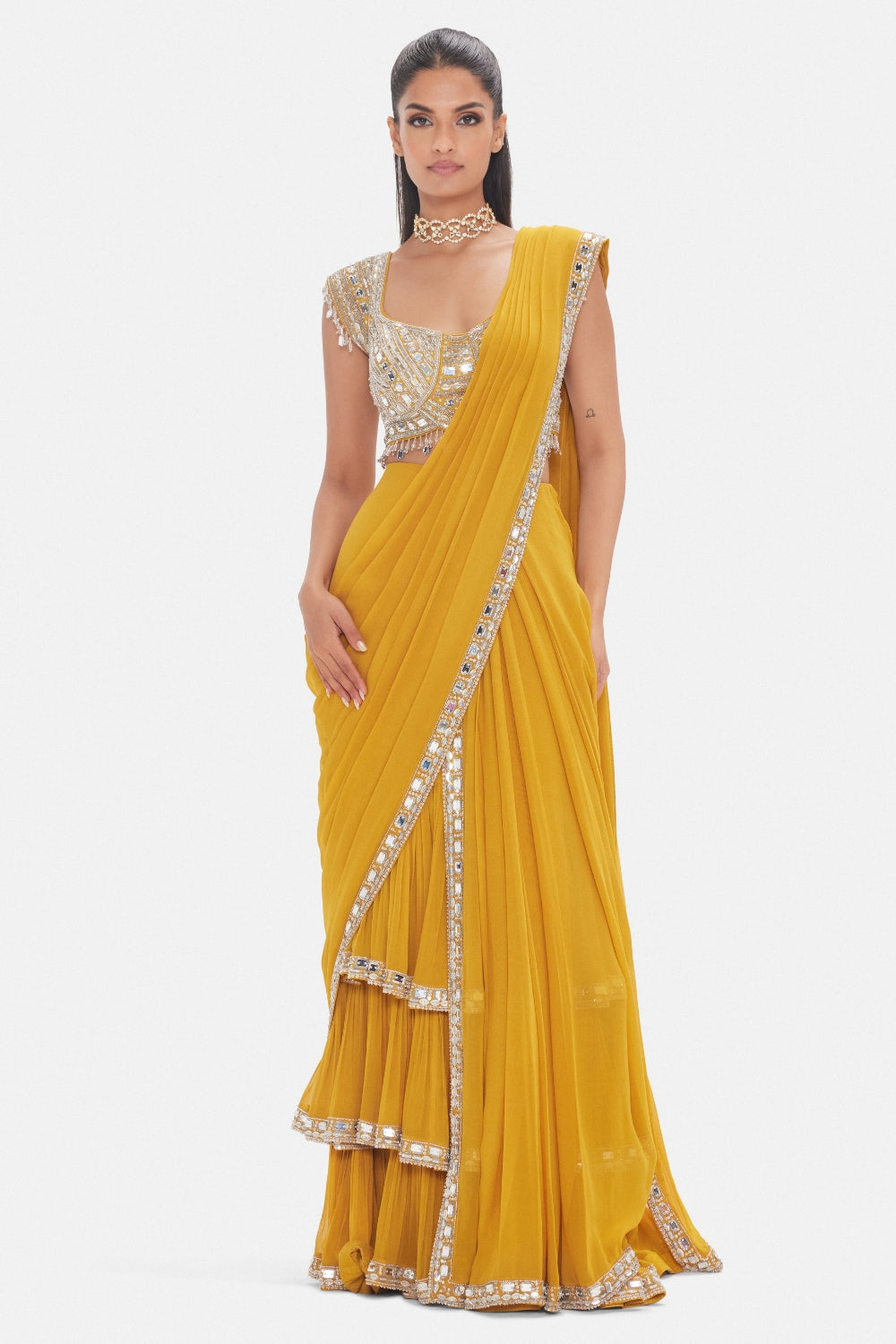 Georgette Pre-Drape Saree with Mirror and Moti Work