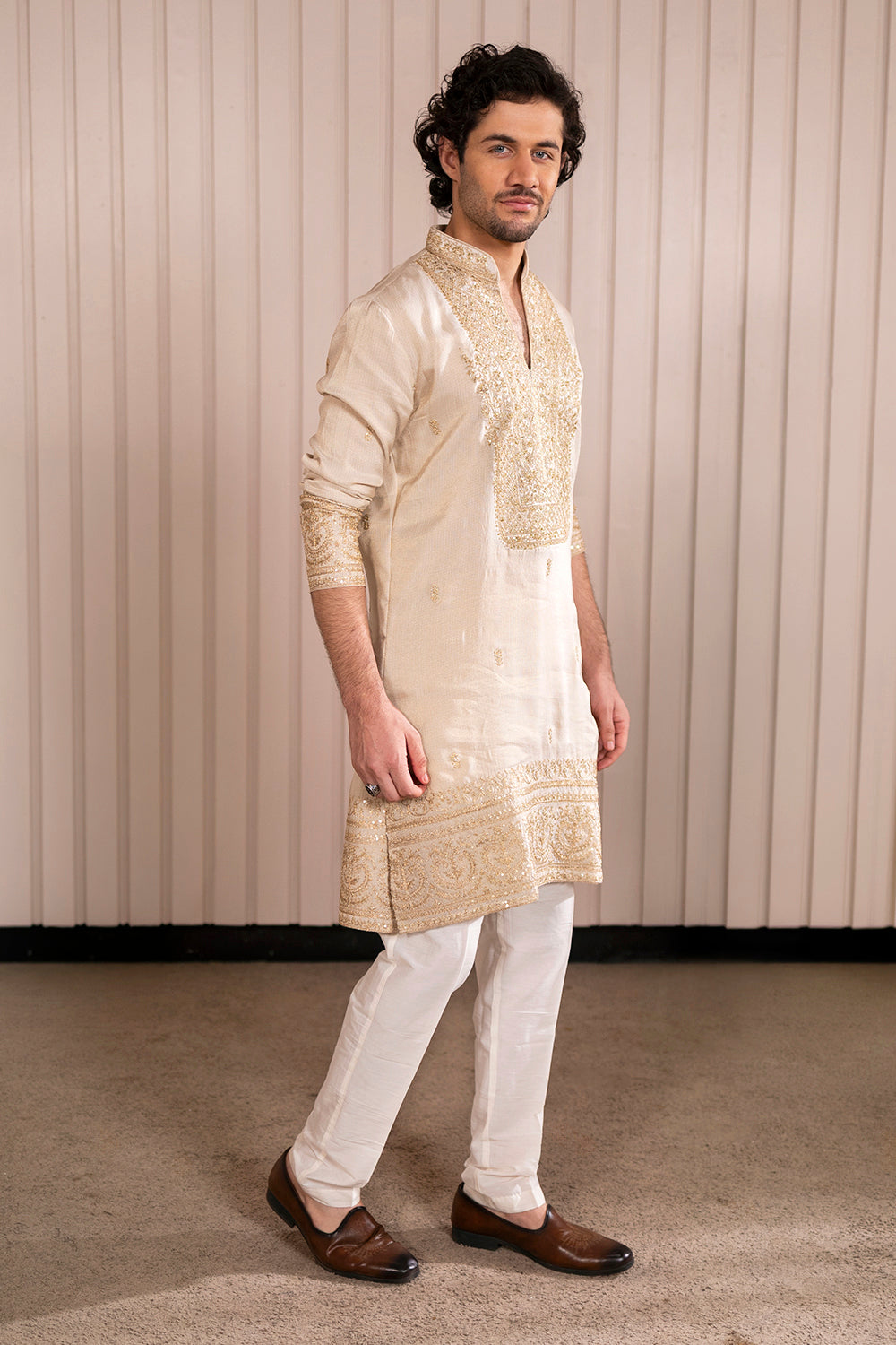 Gold Silk Kurta Pajama with Gold Zari & Mirror Work.