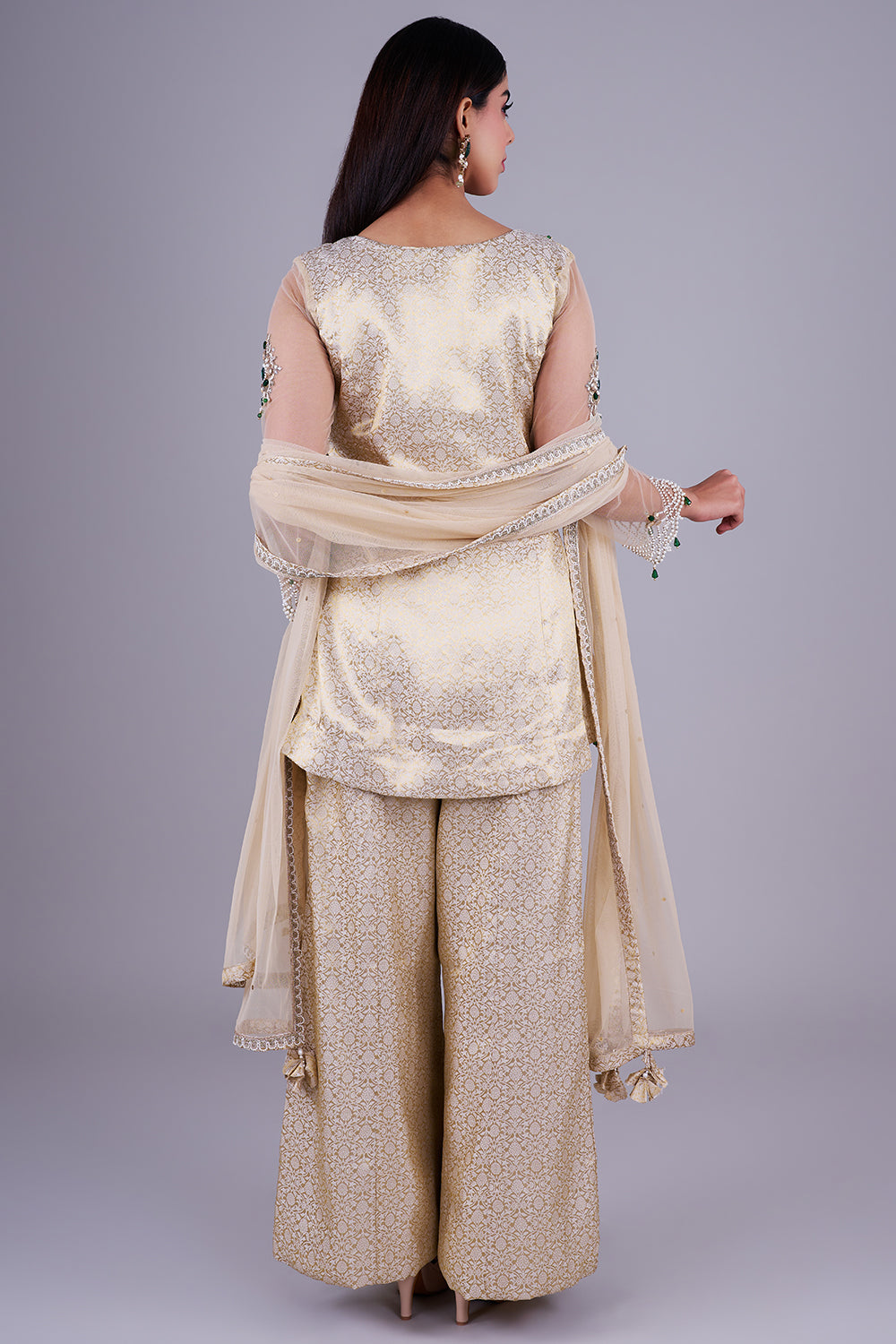 Gold brocade peplum sharara set