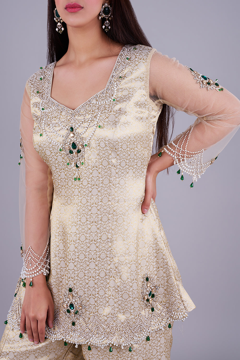 Gold brocade peplum sharara set