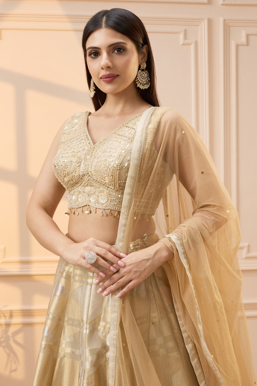 Golden Banarsi Silk Lehenga Set with Mirror and Moti Work