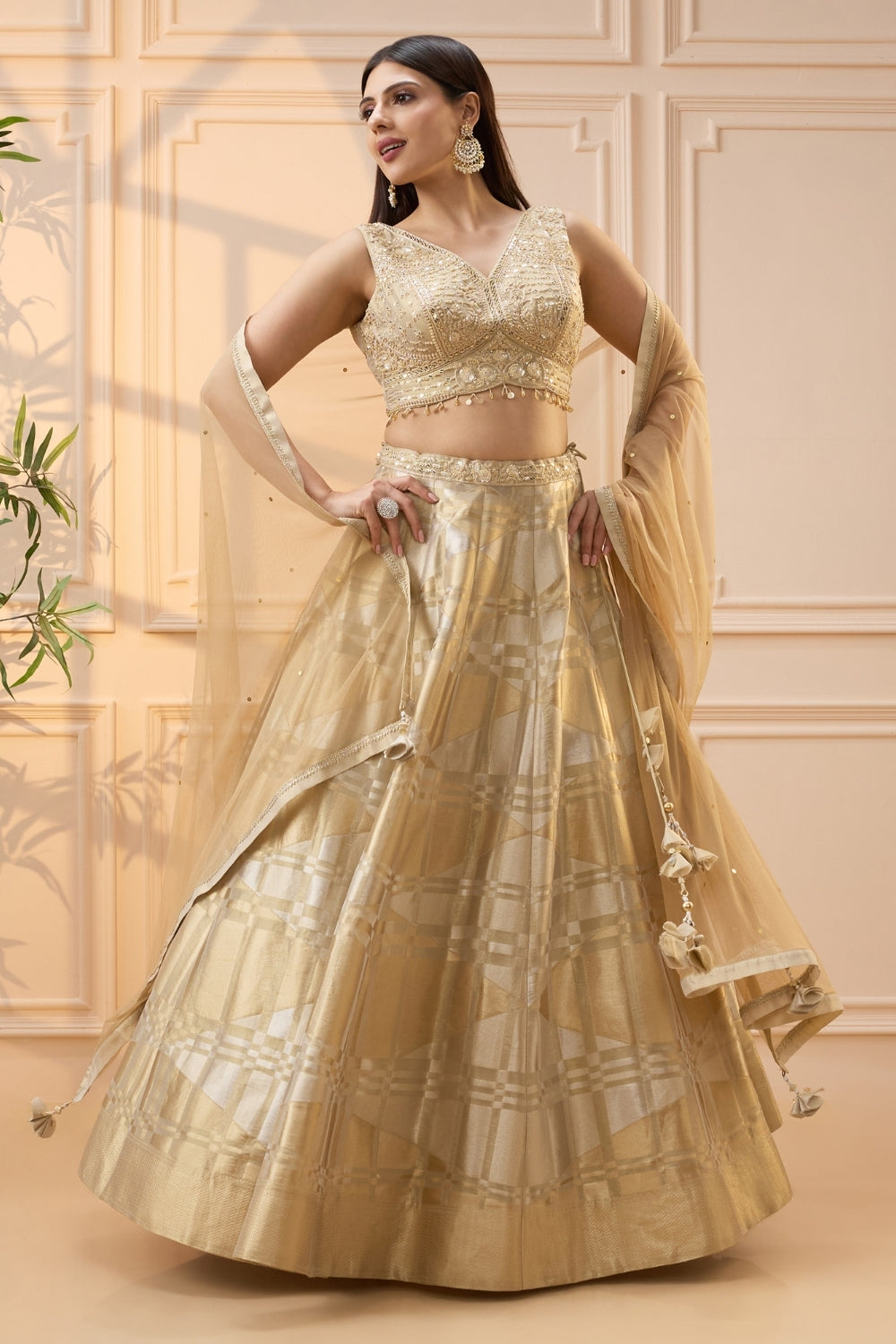 Golden Banarsi Silk Lehenga Set with Mirror and Moti Work