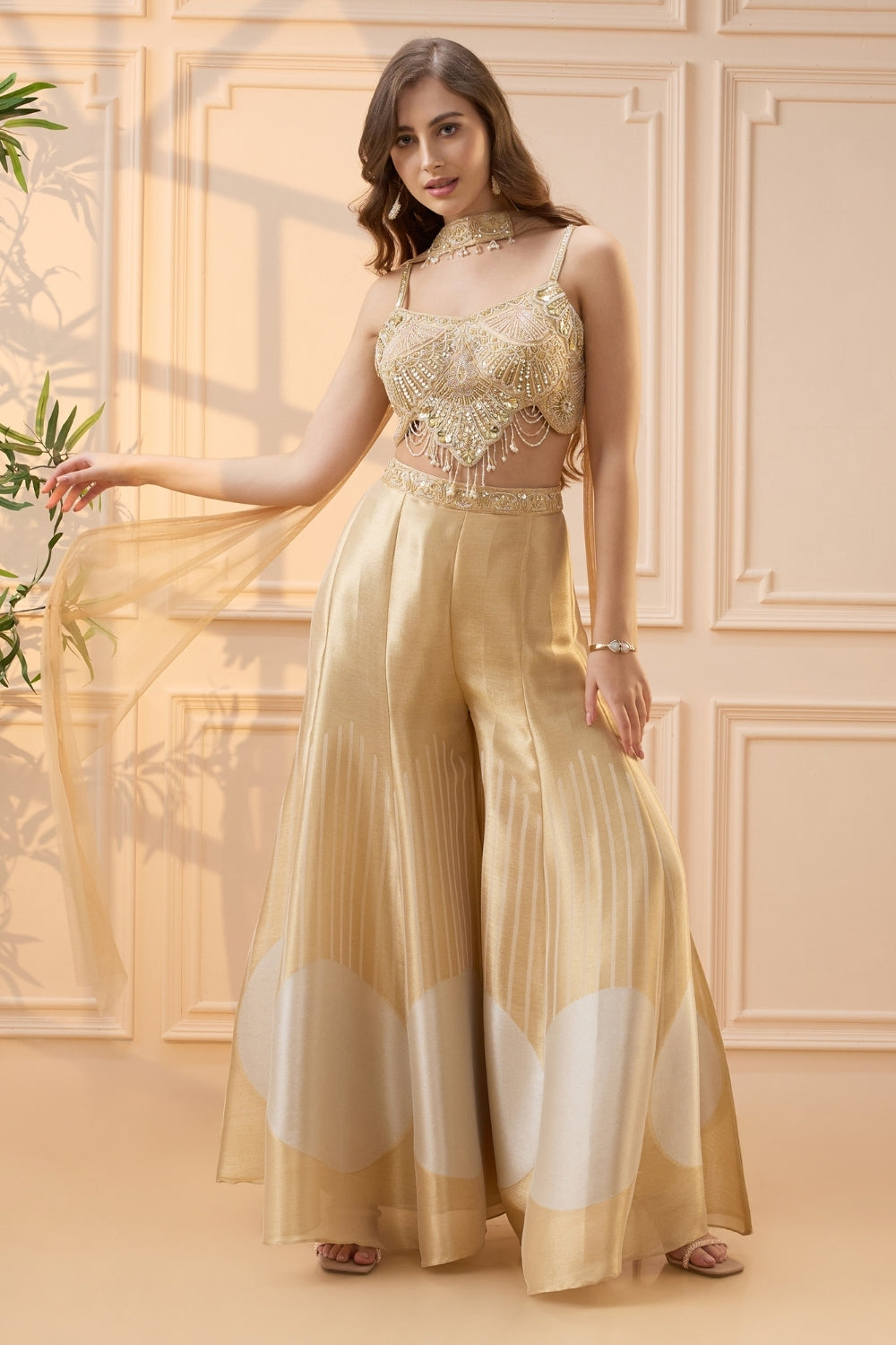 Golden Banarsi Silk Palazzo Set with Cutdana and Moti Work