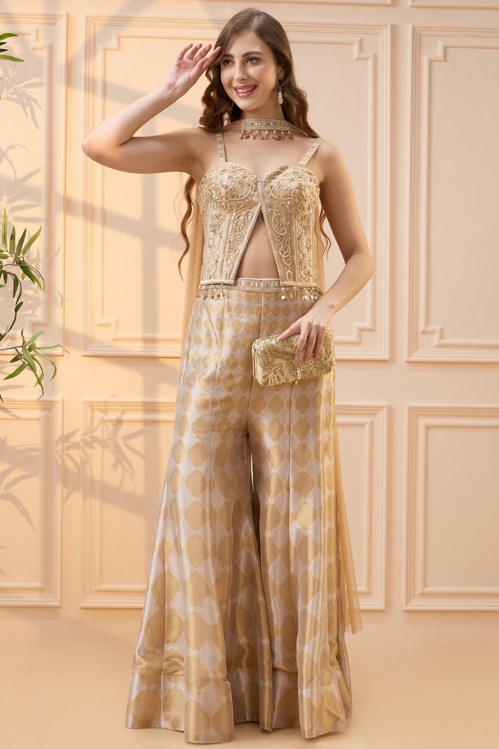 Golden Banarsi Silk Palazzo Set with Cutdana and Zardosi Work