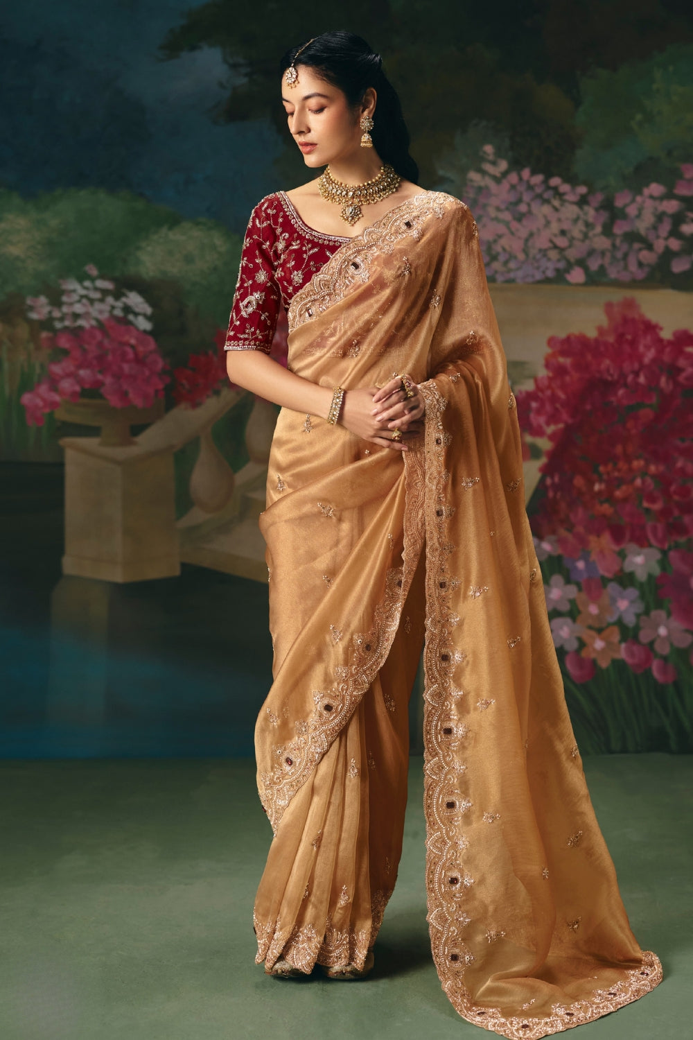 Golden Silk Saree with Cutdana and Stone Work