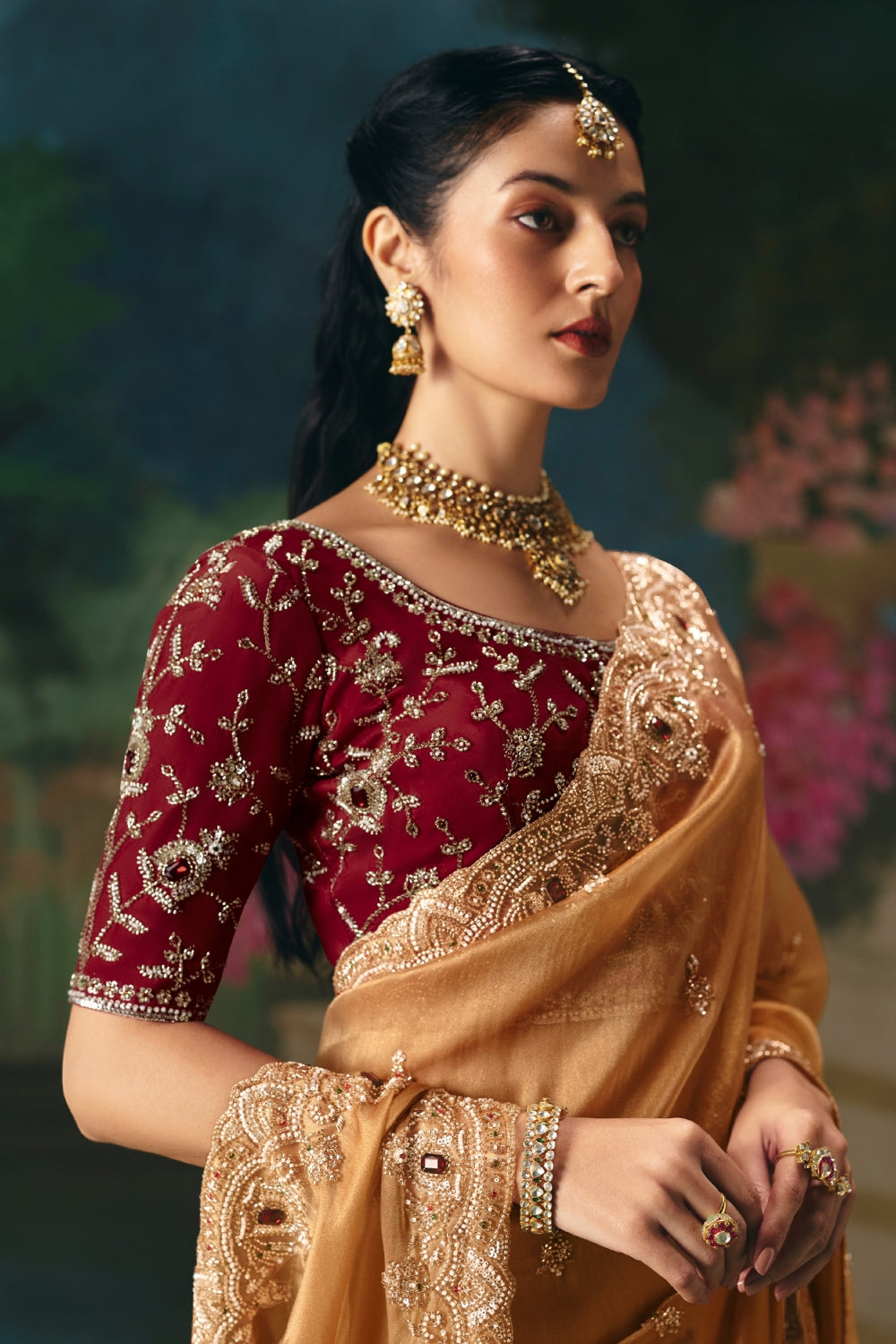 Golden Silk Saree with Cutdana and Stone Work