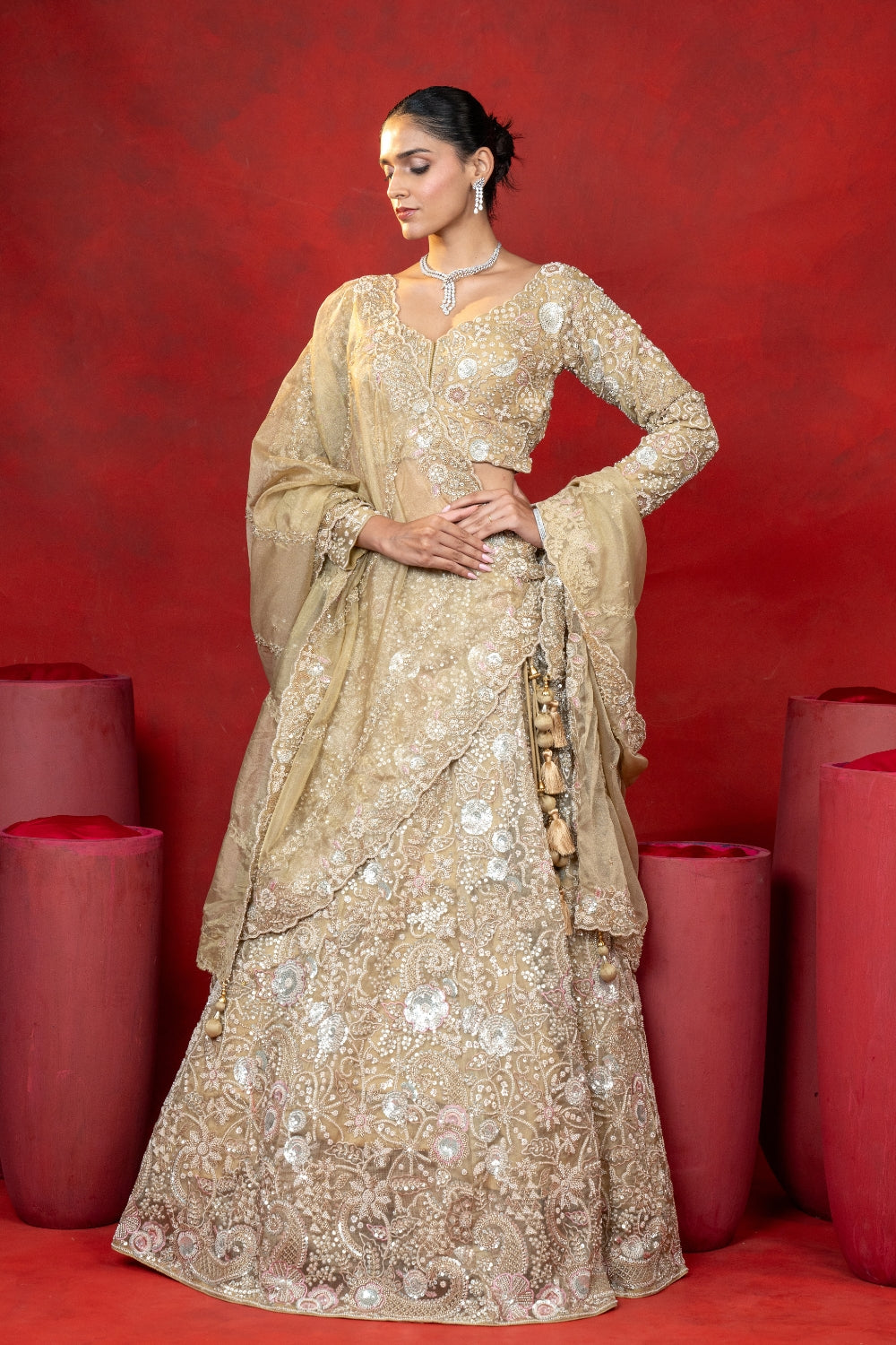 Golden Tissue Lehenga Choli Set with Cutdana and Sequins Work