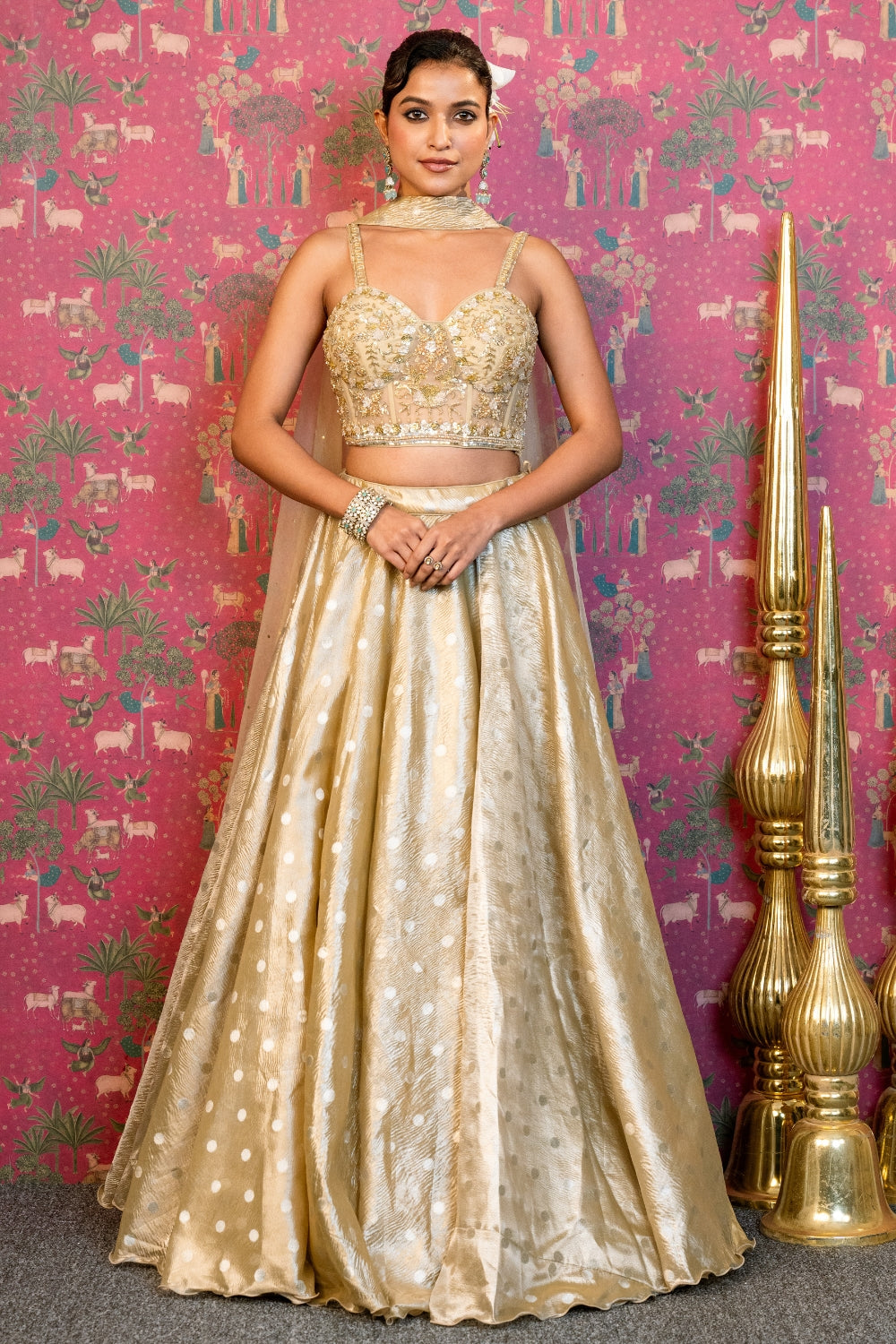 Golden Tissue Lehenga Set with Cutdana and Sequins Work