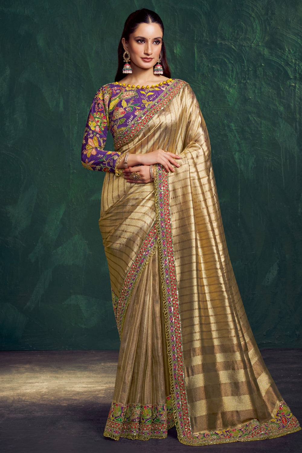 Golden Tissue Saree with Cutdana and Moti Work