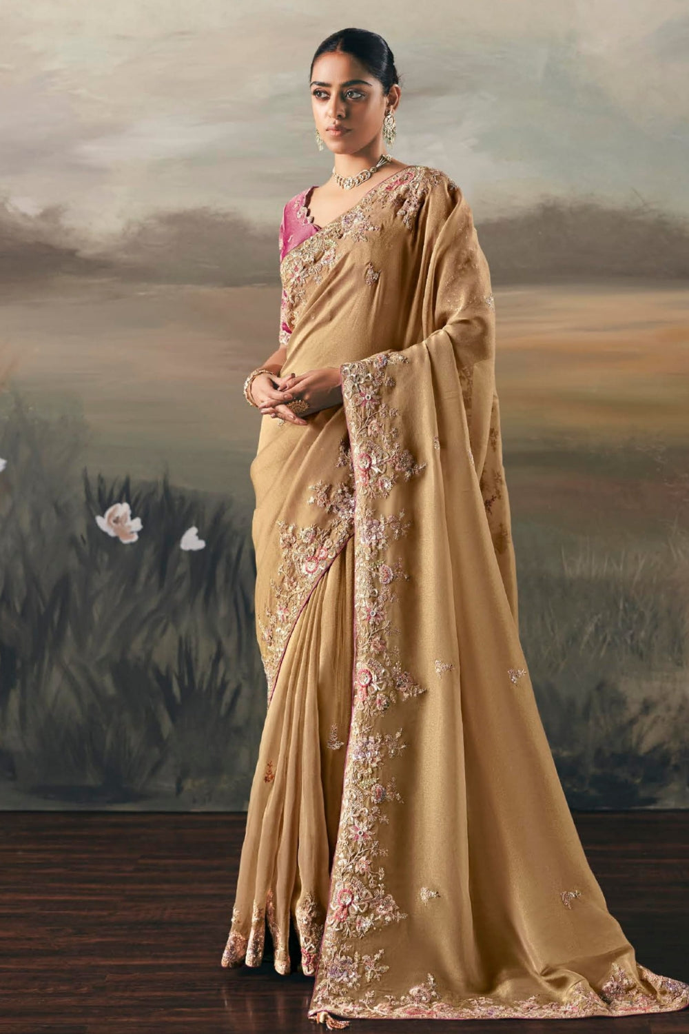 Golden Tissue Saree with Mirror and Thread Work